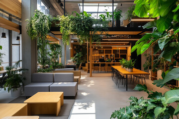 Fototapeta premium a modern coworking space designed with renewable energy,indoor plants and recycled furniture