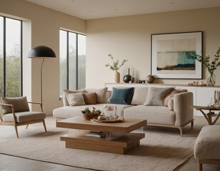 Modern minimalist living room with sleek fixtures, neutral tones, natural light, and a touch of greenery, showcasing a spacious and calming atmosphere.