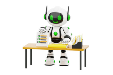 AI Robot Sorting Documents on a Desk 3D Character Illustration.