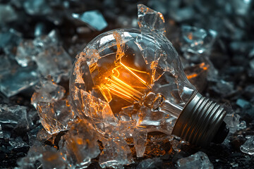 Shattered Illumination: Exposed Filament and Fragmented Glass of a Broken Bulb