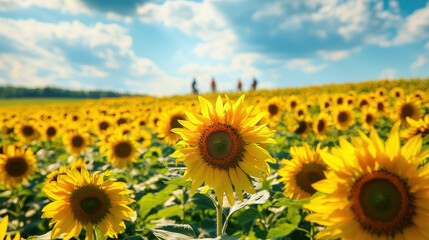Fototapeta premium vibrant sunflower field under bright blue sky, with people walking in background, creates cheerful and lively atmosphere