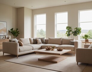 Fototapeta premium Modern minimalist living room with sleek fixtures, neutral tones, natural light, and a touch of greenery, showcasing a spacious and calming atmosphere.