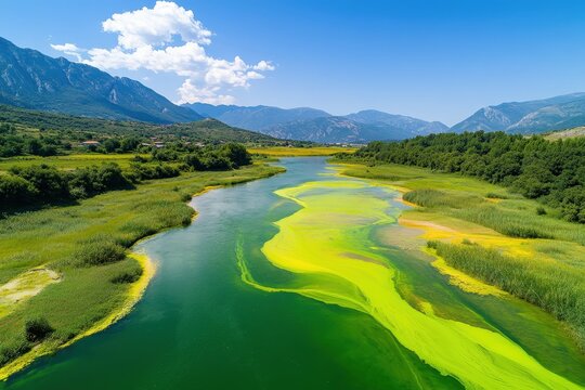 A vibrant river flows through lush greenery, showcasing striking yellow-green algae against a backdrop of mountains and a clear blue sky.
