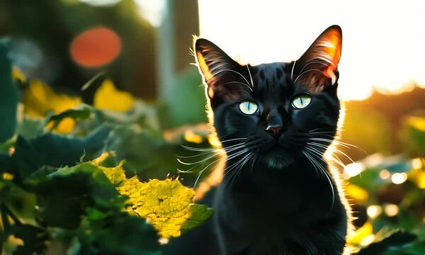Black Cat Enjoying Warm Afternoon While Seating Between Garden Plants