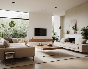 Modern minimalist living room with sleek fixtures, neutral tones, natural light, and a touch of greenery, showcasing a spacious and calming atmosphere.