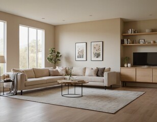 Modern minimalist living room with sleek fixtures, neutral tones, natural light, and a touch of greenery, showcasing a spacious and calming atmosphere.