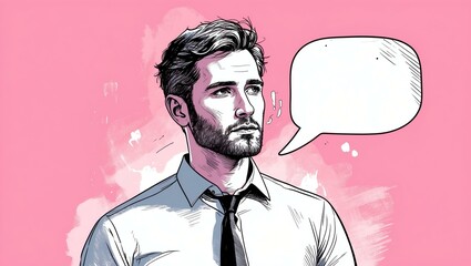 man with blank speech bubble looks like thinking on pink background