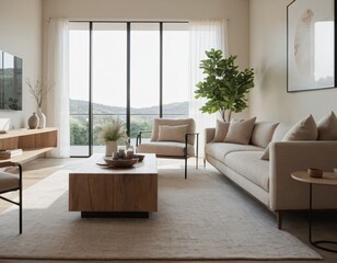 Modern minimalist living room with sleek fixtures, neutral tones, natural light, and a touch of greenery, showcasing a spacious and calming atmosphere.