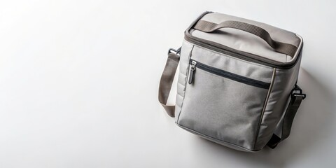 Naklejka premium Minimalist Overhead Flat Lay of a Cooler Bag on White Background for Product Photography, Ideal for Marketing and Advertising with Copy Space