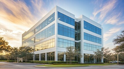 Modern office building with large glass windows and a sunset backdrop.