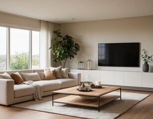 Modern minimalist living room with sleek fixtures, neutral tones, natural light, and a touch of greenery, showcasing a spacious and calming atmosphere.