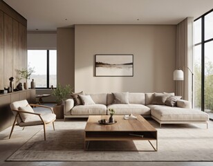 Modern minimalist living room with sleek fixtures, neutral tones, natural light, and a touch of greenery, showcasing a spacious and calming atmosphere.