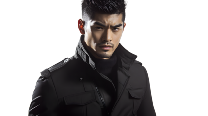A man in a stylish black jacket with a serious expression perfect for fashion advertising an