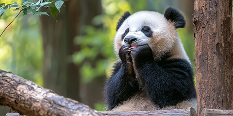 Obraz premium playful panda enjoying its surroundings, with joyful expression and paws clasped together