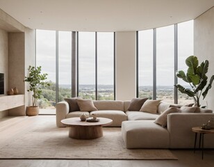 Modern minimalist living room with sleek fixtures, neutral tones, natural light, and a touch of greenery, showcasing a spacious and calming atmosphere.