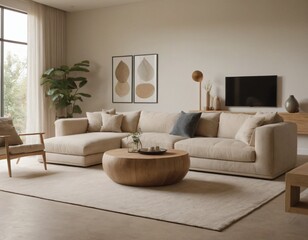 Modern minimalist living room with sleek fixtures, neutral tones, natural light, and a touch of greenery, showcasing a spacious and calming atmosphere.