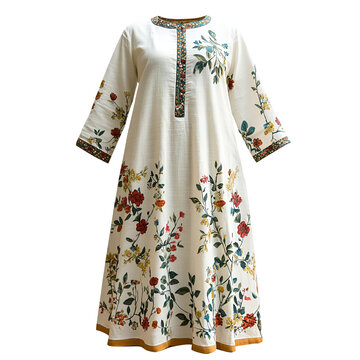 Elegant Floral Kurti Dress Off White Cotton