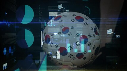 Soccer ball with South Korean flags over data charts and graphs animation - Powered by Adobe