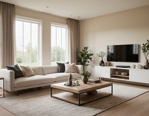 Modern minimalist living room with sleek fixtures, neutral tones, natural light, and a touch of greenery, showcasing a spacious and calming atmosphere.