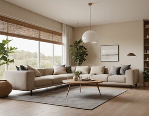 Modern minimalist living room with sleek fixtures, neutral tones, natural light, and a touch of greenery, showcasing a spacious and calming atmosphere.