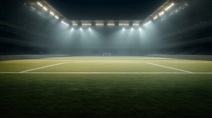Empty Soccer Stadium at Night Green Field Floodlit for Game
