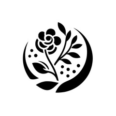 Floral Silhouette Logo Design: Rose and Leaves, Black on White