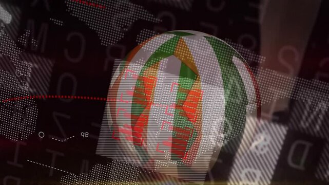 Digital globe with colorful patterns over binary code and world map animation