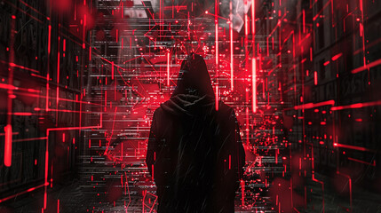 Silhouetted hooded figure in a dark alley, surrounded by glowing red digital data streams, symbolizing cybercrime or hacking activity