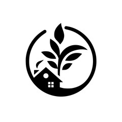 Fototapeta premium Eco-Friendly Home Logo: House and Plant, Circle Frame in Black