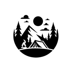 Camping Adventure Logo: Minimalist Black & White Nature Design