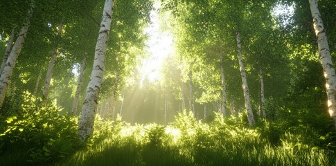 Obraz premium A tranquil forest scene with sunlight filtering through lush green trees, creating a serene atmosphere.