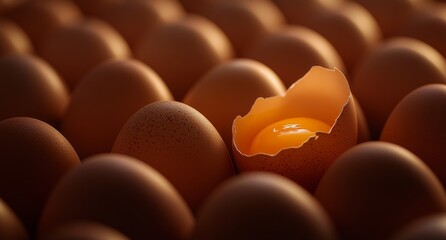 Cracked egg yolk, among many whole eggs, in a carton