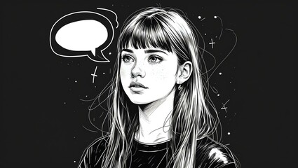 teenage gal with blank speech bubble looks like thinking on black background