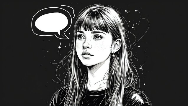 teenage gal with blank speech bubble looks like thinking on black background