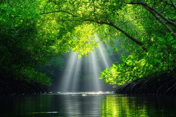 Obraz premium A serene mangrove scene with sunlight filtering through lush green leaves, illuminating a calm waterway.