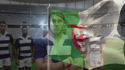 In stadium, rugby players in striped uniforms with animation of Algerian flag - Powered by Adobe