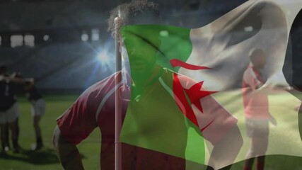 Huddling on field, rugby players with Algerian flag animation in background - Powered by Adobe