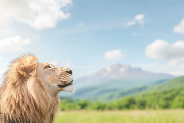 Majestic lion gazing into distance with serene landscape in background, showcasing nature beauty and tranquility