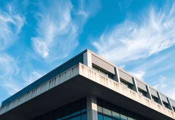 Naklejka premium Modern concrete building overhang, clear blue sky, wispy clouds, facade, horizon