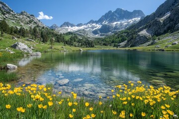 Mountain lake surrounded by wildflowers and pine trees under blue sky