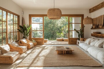 Modern bright living room interior with large windows and natural sunlight