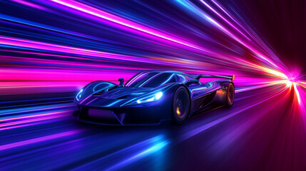 Naklejka premium A sleek futuristic car speeds through a tunnel of vibrant pink and blue light trails at high velocity