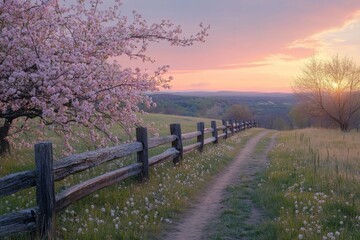 Fototapeta premium Country road lined with cherry blossom trees under soft evening light