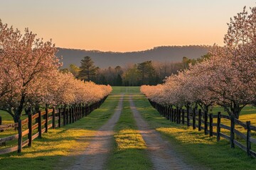 Naklejka premium Rural road lined with blossoming cherry trees in soft light
