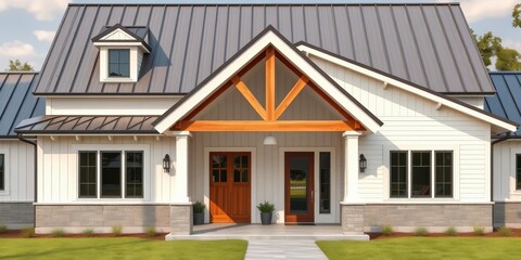 Fototapeta premium Modern farmhouse exterior with metal roof, showcasing clean lines and rustic elements, exterior, house exterior design