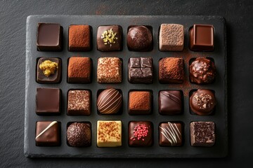 Assorted gourmet chocolates in square box on dark stone surface