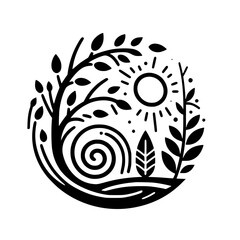 Monochromatic Nature Illustration: Tree, Sun, & Foliage Circle
