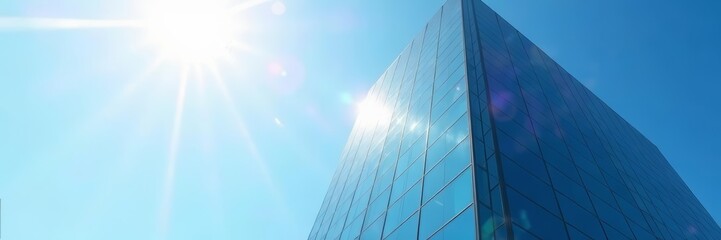 Modern glass business building shining in sunlight with clear blue sky, facade, corporate