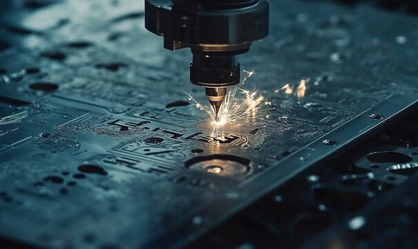 Laser CNC machine precision engraving intricate circuit board patterns with sparks flying