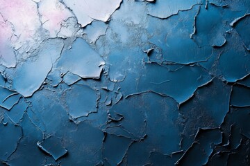Closeup of blue cracked paint with textured surface and peeling layers